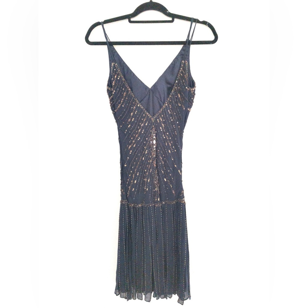 Vintage 90s Sue Wong Nocturnals Beaded Sequin Flapper Dress Navy Fringe Size 8 - Picture 4 of 13